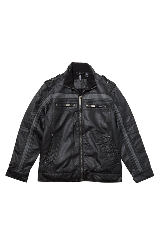 Vegan Leather Moto Jacket with Grey Stripe - Anthony's Store